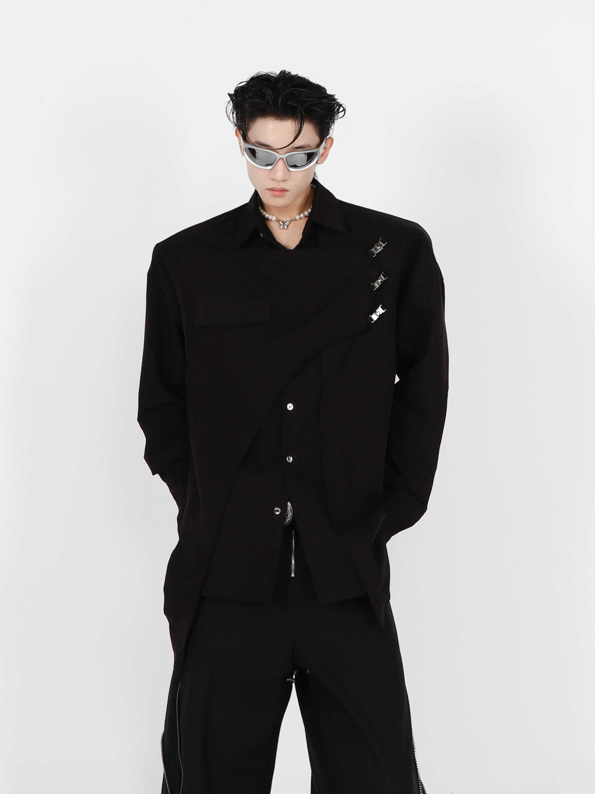 Double-layer Design Metal Embellished Long Sleeve Padded Shoulder Shirt