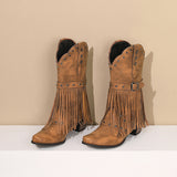 Autumn And Winter Tassel Women's Western Rivet Belt Buckle Tassel Middle Boots