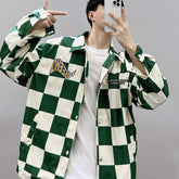 Retro Contrast Color Green Checkered Lapel Blazer Mens