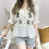 Summer New Style French Chiffon Shirt Crochet Embroidery Knitting Hollow Short Sleeves