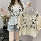 Summer New Style French Chiffon Shirt Crochet Embroidery Knitting Hollow Short Sleeves