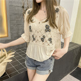 Summer New Style French Chiffon Shirt Crochet Embroidery Knitting Hollow Short Sleeves