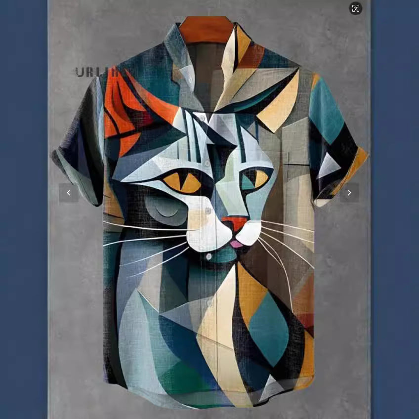 Abstract Pattern 3D Digital Printing Loose Trendy Short Sleeve Stand Collar Cardigan Shirt Abstract Pattern 3D Digital Printing Loose Trendy Short Sleeve Stand Collar Cardigan Shirt