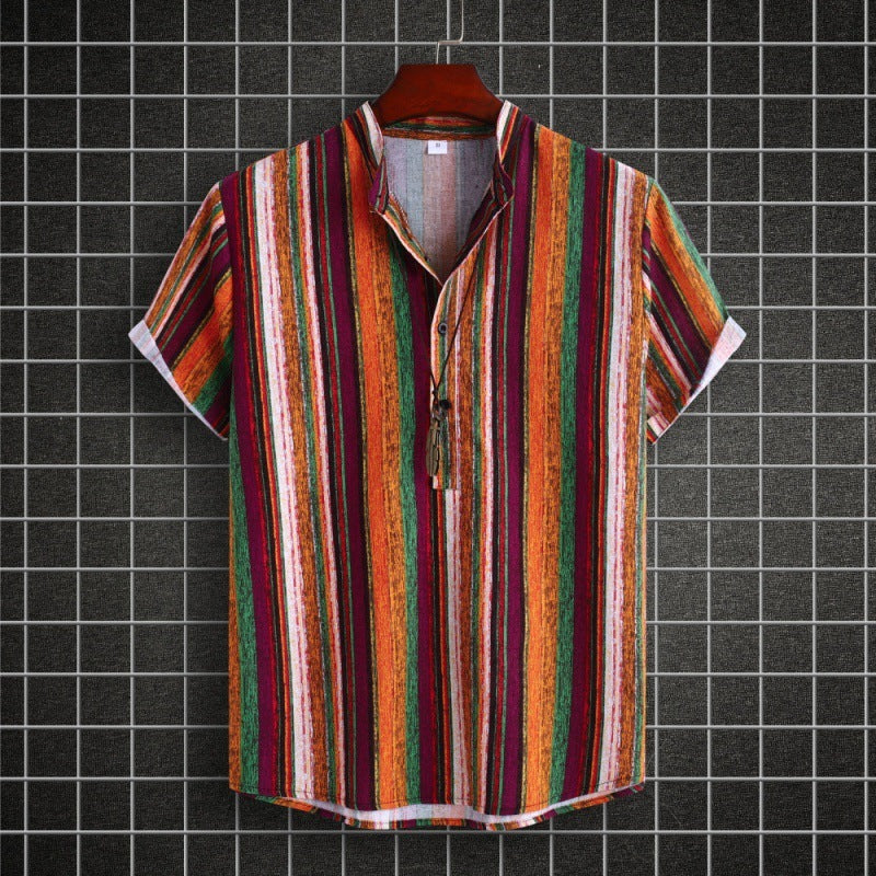 Men's Stand Collar Ethnic Style Striped Cotton-linen Shirt Fashion Casual Short Sleeve Men's Stand Collar Ethnic Style Striped Cotton-linen Shirt Fashion Casual Short Sleeve