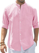 Men's cotton shirt with stand-up collar and long sleeves, plain