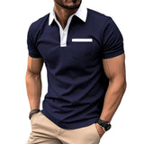 Short Sleeve T-Shirt Slim Pocket Mens Notch Lapel Clothing