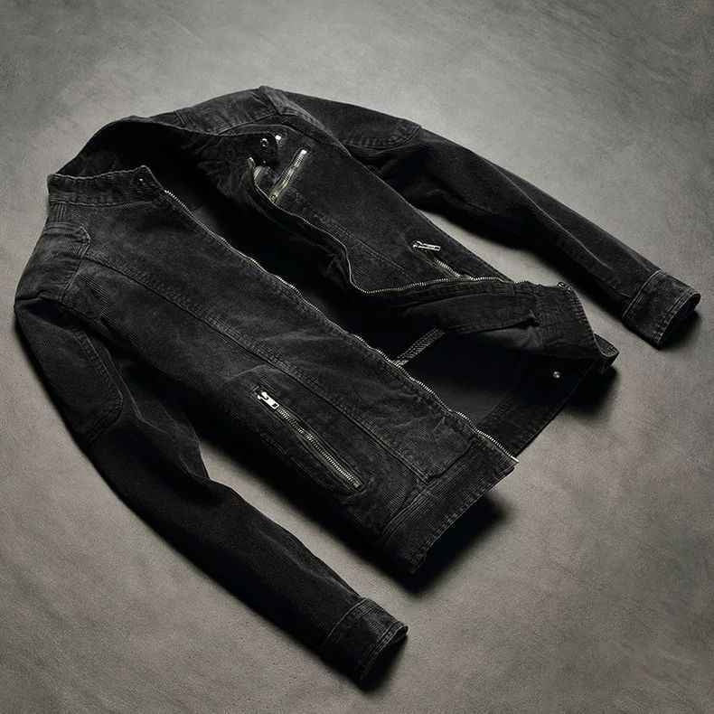 Мужская джинсовая куртка в европейском и американском стиле, винтажная, облегающая, с воротником-стойкой, на молнии Мужская джинсовая куртка в европейском и американском стиле, винтажная, облегающая, с воротником-стойкой, на молнии