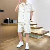 Mens Korean Style Youth Fashion Lapel T-Shirt Suit
