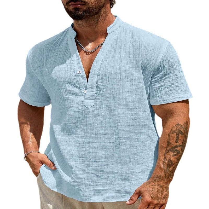 Men's Cotton And Linen Double-layer Solid Color Cuban Collar Short Sleeve Shirt Men's Cotton And Linen Double-layer Solid Color Cuban Collar Short Sleeve Shirt