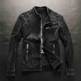 Мужская джинсовая куртка в европейском и американском стиле, винтажная, облегающая, с воротником-стойкой, на молнии