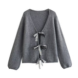 V-neck Long Sleeve Sequined Bow Tie Knitted Cardigan Sweater