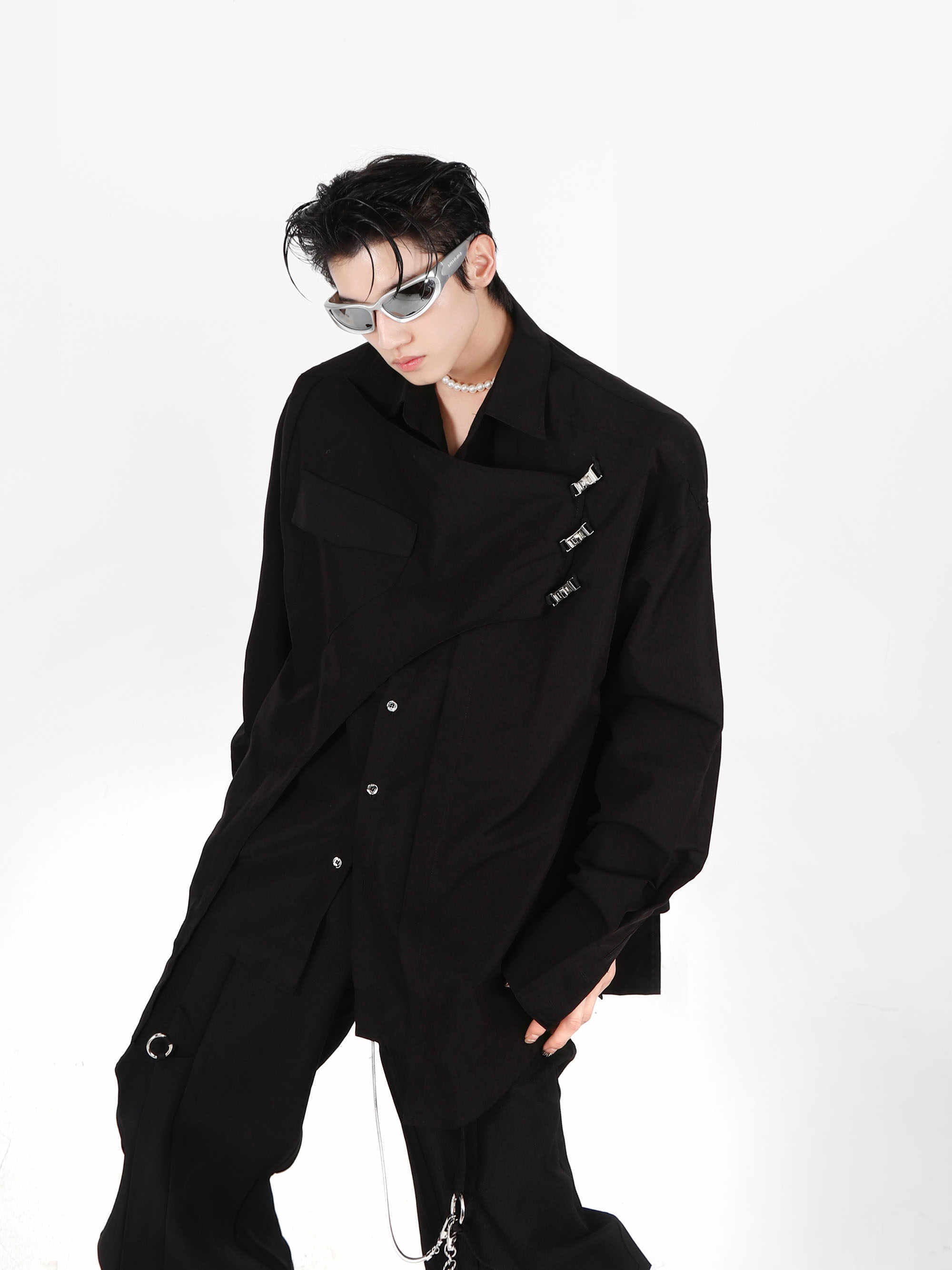 Double-layer Design Metal Embellished Long Sleeve Padded Shoulder Shirt Double-layer Design Metal Embellished Long Sleeve Padded Shoulder Shirt