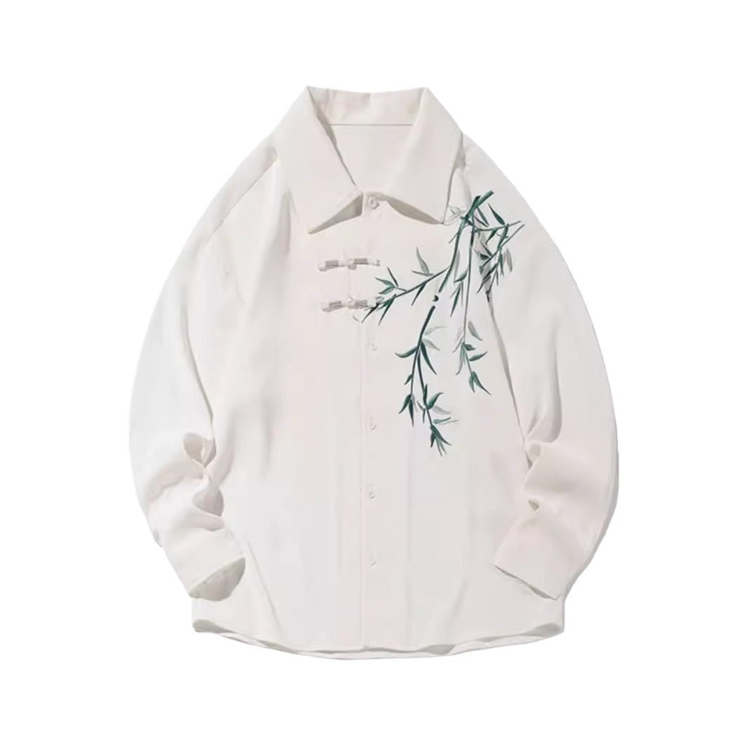 Bamboo Embroidered Long-sleeved Shirt Men's Hanfu Chinese Frog Tang Suit Robe Shirt Coat Bamboo Embroidered Long-sleeved Shirt Men's Hanfu Chinese Frog Tang Suit Robe Shirt Coat