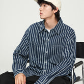 Retro style striped long sleeve denim shirt