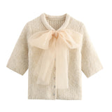 Transparent Organza Bowknot Decoration Short-sleeved Sweater