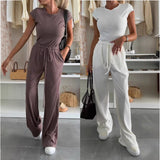 Textured Knitted Short-sleeved Shirt Wide Leg Pants Solid Color Casual Suit