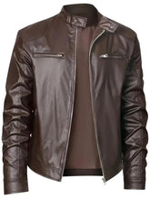 Men's Slim Fit Leather Jacket with Stand Collar and Zip Pocket