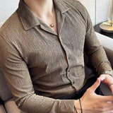 High Quality Men's Cuban Collar Pleated Shirt Long Sleeve