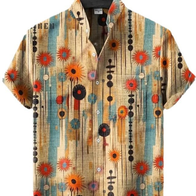 Abstract Pattern 3D Digital Printing Loose Trendy Short Sleeve Stand Collar Cardigan Shirt Abstract Pattern 3D Digital Printing Loose Trendy Short Sleeve Stand Collar Cardigan Shirt