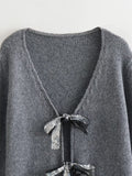 V-neck Long Sleeve Sequined Bow Tie Knitted Cardigan Sweater