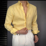 Мужская модная британская рубашка с длинными рукавами из дышащего льна, облегающая универсальная повседневная рубашка