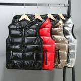 Shiny cotton down vest with hood