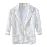 34 Sleeve Suit Jacket Men's Cotton And Linen Stripes Suit Jacket