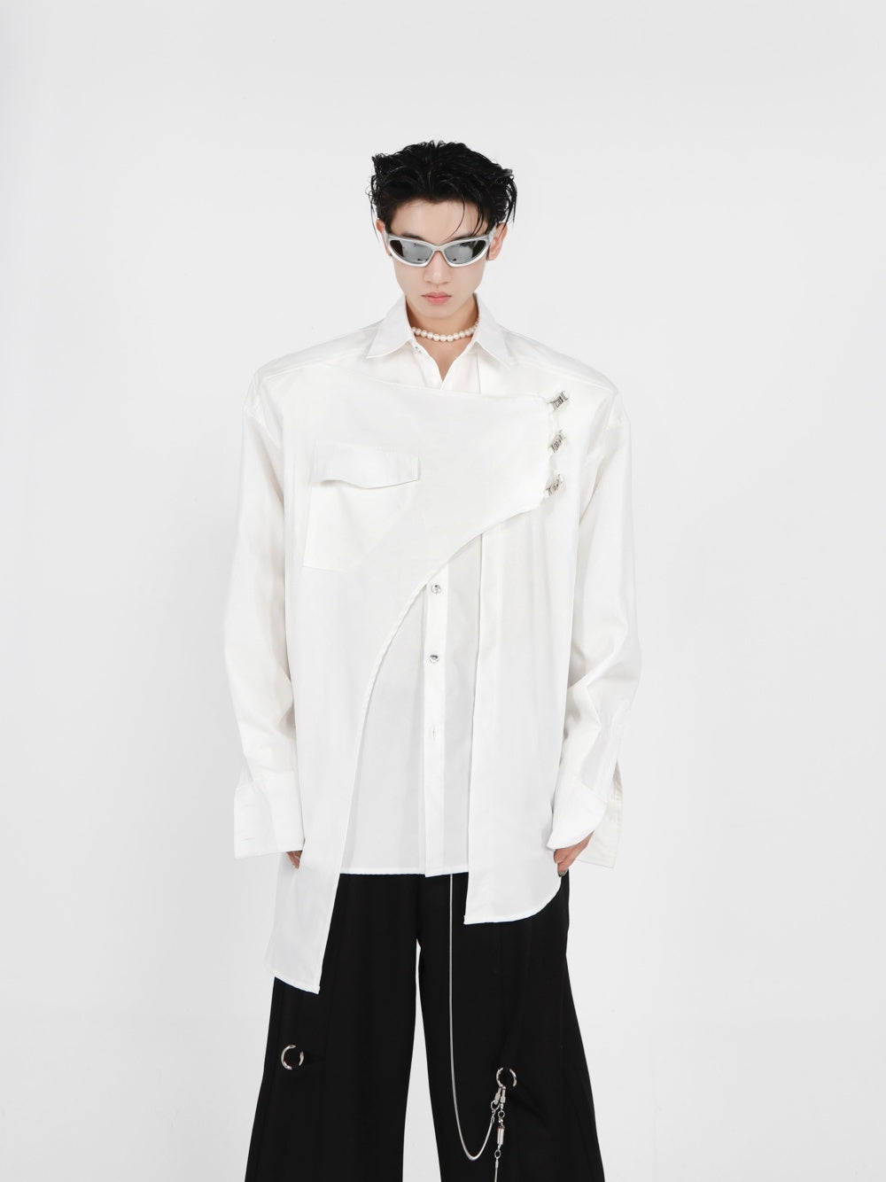 Double-layer Design Metal Embellished Long Sleeve Padded Shoulder Shirt Double-layer Design Metal Embellished Long Sleeve Padded Shoulder Shirt