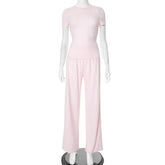 Spring And Summer Round Neck Solid Color Slim Fit Pullover Elastic Waist Wide Leg Trousers Suit