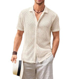 Summer Mesh Short Sleeve Shirt Fashion Solid Lapel Shirt Tops Beach Menswear