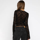 Fashion Sexy See-through Hollow Cardigan Lace-up Long Sleeve T-shirt