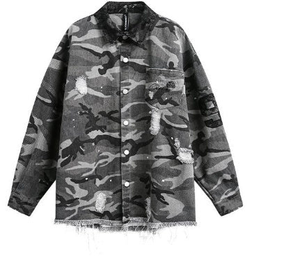 Американская ретро свободная рубашка Heavy Industry с длинным рукавом и потертостями в камуфляжном стиле Американская ретро свободная рубашка Heavy Industry с длинным рукавом и потертостями в камуфляжном стиле