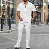 Shirt with button pockets and short sleeves, trousers, two-piece set