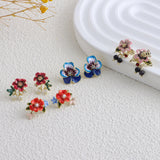 925 Silver Needle Drop Oil Pearl Flower Earrings