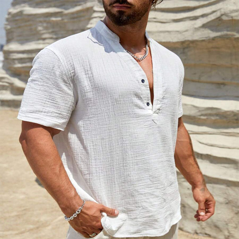 Men's Cotton And Linen Double-layer Solid Color Cuban Collar Short Sleeve Shirt Men's Cotton And Linen Double-layer Solid Color Cuban Collar Short Sleeve Shirt