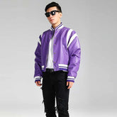 Fashionable American biker leather jacket in color block style