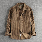 Men's American Retro Trend Stripes Cotton Long Sleeve Shirt Comfortable Casual Overalls