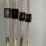 Silver Black Square Pearl Bracelet Diamond Fashion Quartz Watch
