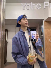 American Retro Style Long Sleeve Shirt Blue Plaid