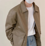 Мужская кожаная куртка с большим карманом на молнии, весна и осень