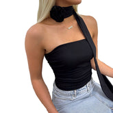 Women Summer 3D Floral Ribbon Bodycon Crop Tube Top