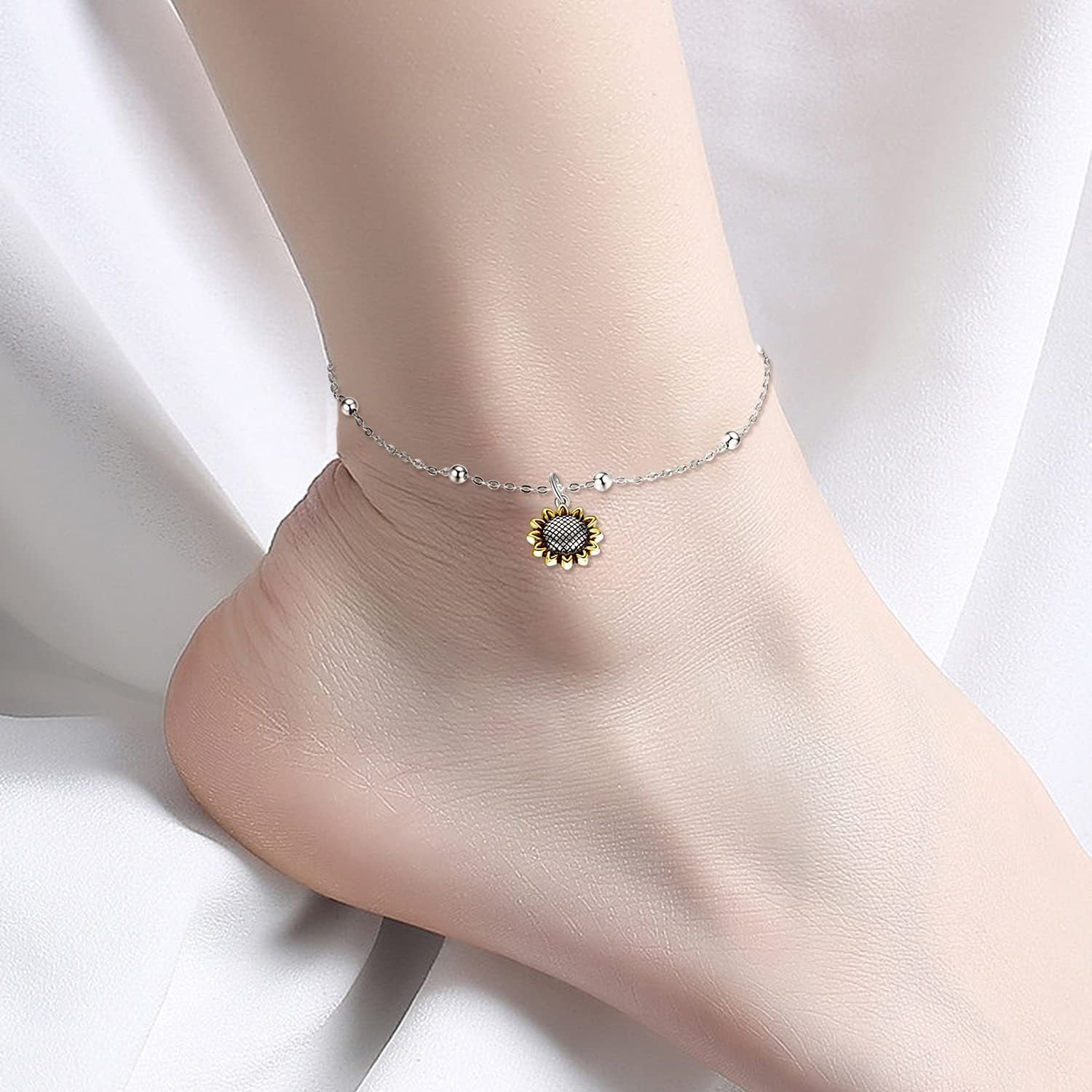 Beads Anklet Sterling Silver Sunflower Ankle Bracelets Jewelry for Women Girls Gifts Beads Anklet Sterling Silver Sunflower Ankle Bracelets Jewelry for Women Girls Gifts