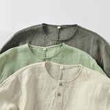 Casual Linen Men's Simple Round Neck 34 Sleeves Linen T-shirt Loose Breathable Top