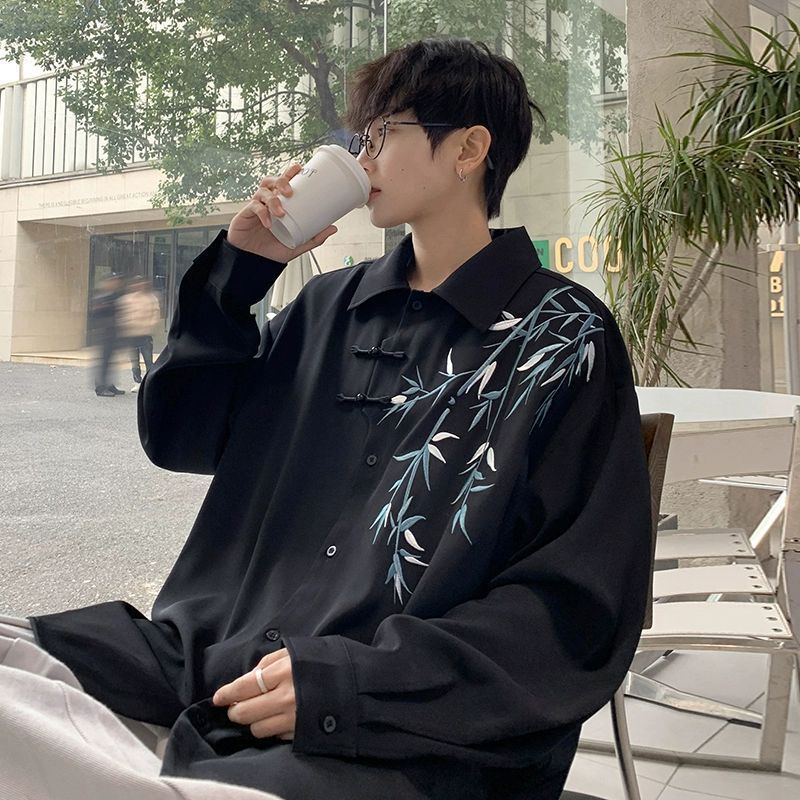 Bamboo Embroidered Long-sleeved Shirt Men's Hanfu Chinese Frog Tang Suit Robe Shirt Coat Bamboo Embroidered Long-sleeved Shirt Men's Hanfu Chinese Frog Tang Suit Robe Shirt Coat