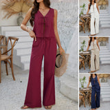 Casual Vacation Style Sleeveless Lace-up Top Wide-leg Pants Suit
