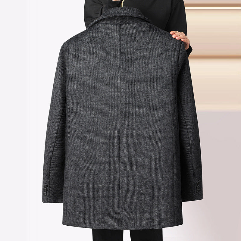 Men's Checked Mid-Length Wool Fleece Coat with Detachable Double Collar Men's Checked Mid-Length Wool Fleece Coat with Detachable Double Collar