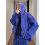 Ретро Легко Сочетающаяся Свободная Синяя Куртка С Капюшоном Молния Короткое Пальто Для Мужчин