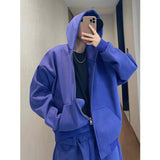 Ретро Легко Сочетающаяся Свободная Синяя Куртка С Капюшоном Молния Короткое Пальто Для Мужчин