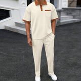 Waffle Lapel Color Matching Short-sleeved Trousers Two-piece Casual Suit
