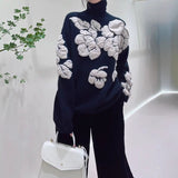 Three-dimensional Flower Jacquard Turtleneck Retro Loose Knitted Sweater